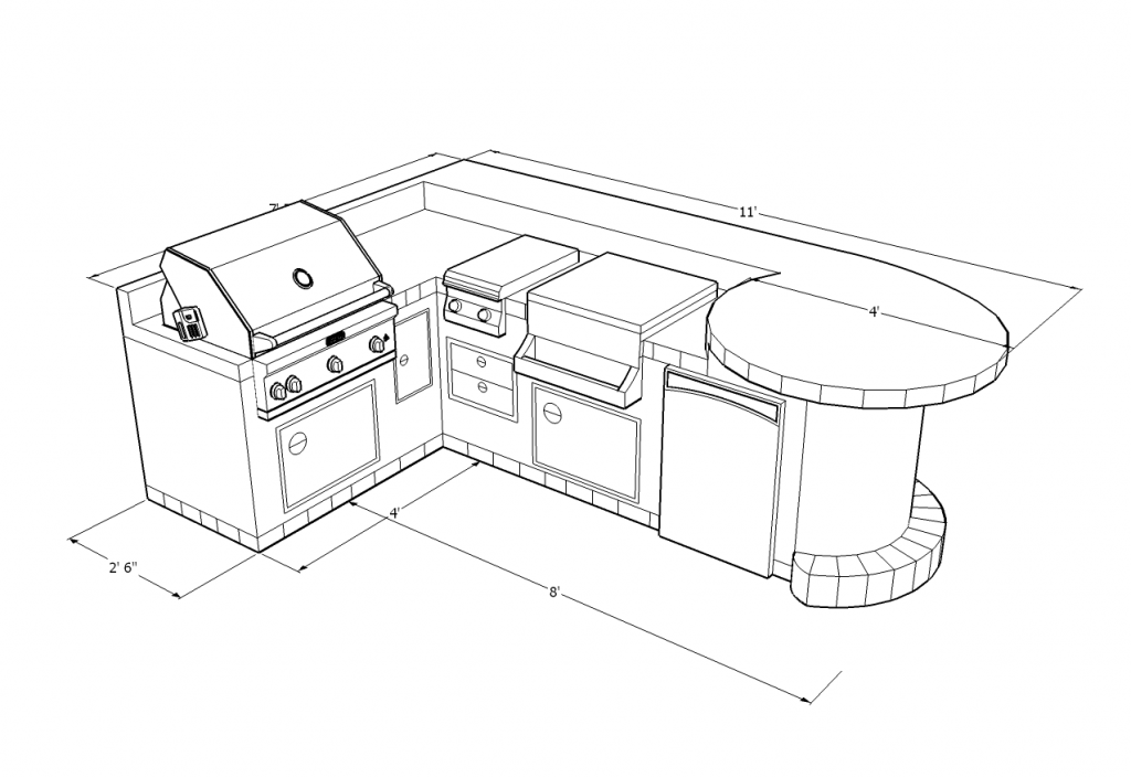 5100 Series L-Shaped Barbecue Island Design with Barbecue Grill, Side Burner, Ice Chest w/ Speed Rail, Refrigerator, 2 Access Doors, Double Access Drawers and Paper Towel Drawer